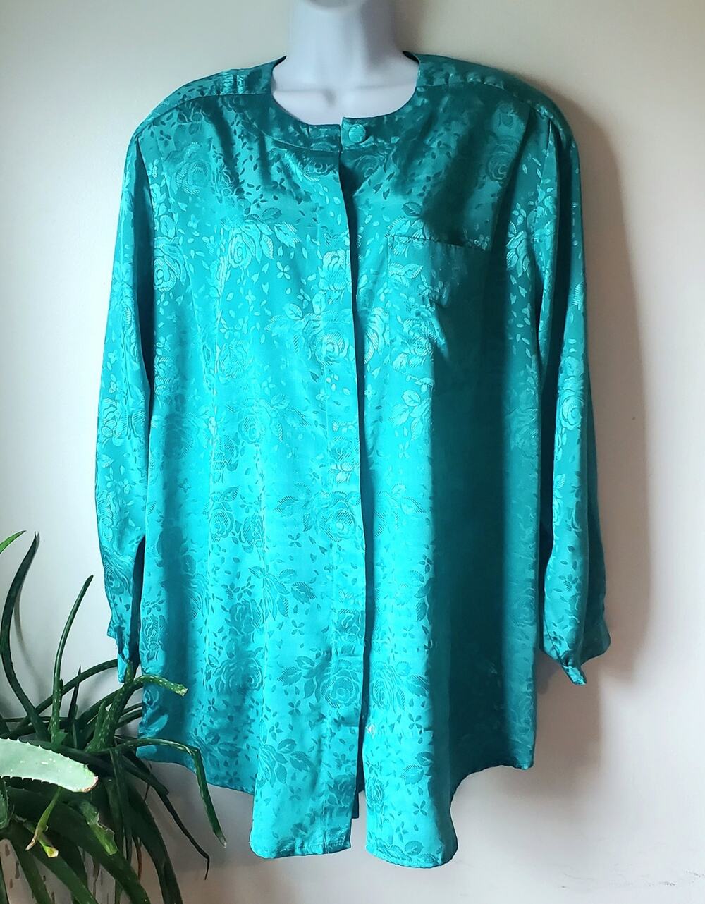 Vintage Worthington Green Brocade Floral Blouse Womens Size 16W Festive Office